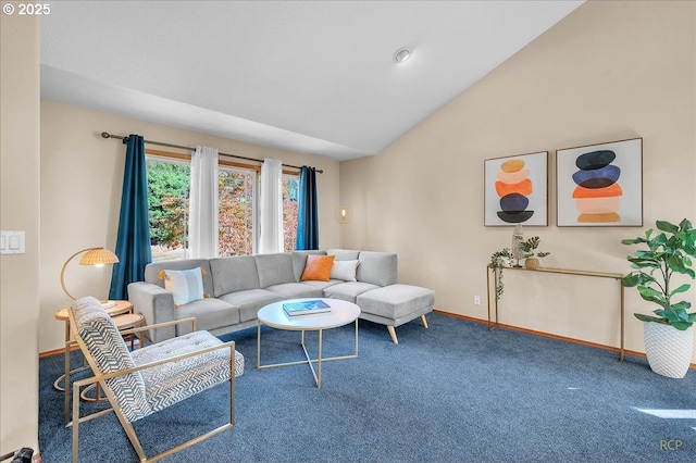 living room featuring carpet floors, lofted ceiling, and baseboards