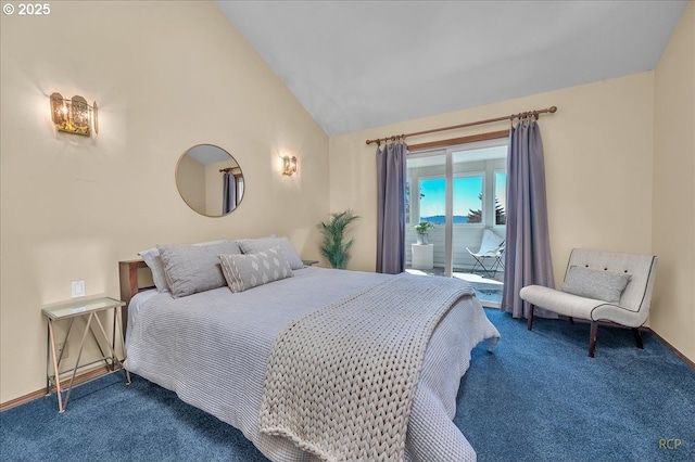 bedroom with access to exterior, lofted ceiling, carpet flooring, and baseboards