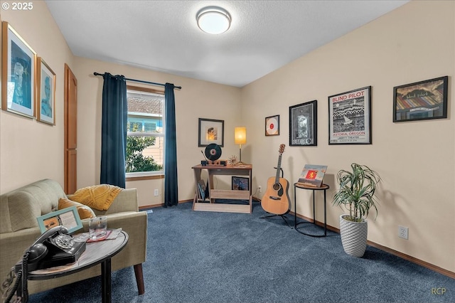 sitting room with a textured ceiling, carpet, and baseboards