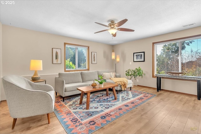 living area featuring light wood-style floors, ceiling fan, visible vents, and a textured ceiling