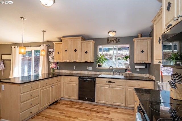 1950 Byron Creek Rd, Winston, OR 97496 - kitchen featuring light brown cabinets, a sink, black dishwasher, a peninsula, and light wood-style flooring