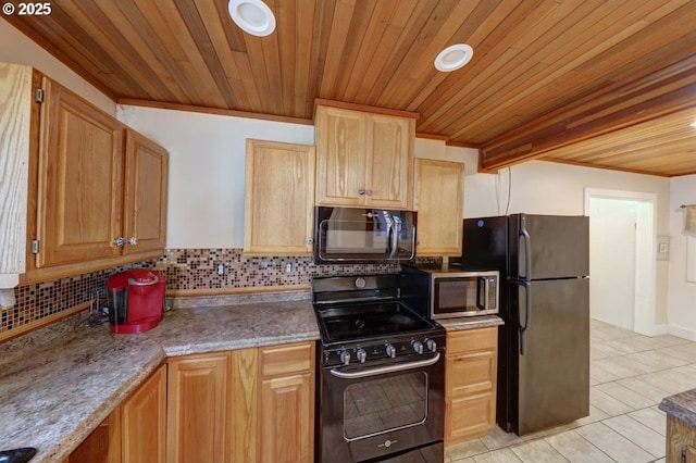 3162 Marine Dr, Astoria, OR 97103 - kitchen with black appliances, wooden ceiling, decorative backsplash, light tile patterned floors, and recessed lighting