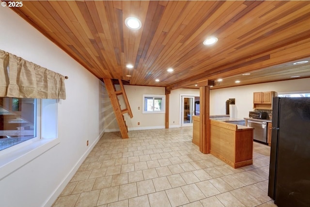 3162 Marine Dr, Astoria, OR 97103 - kitchen featuring freestanding refrigerator, dishwasher, wooden ceiling, recessed lighting, and light countertops