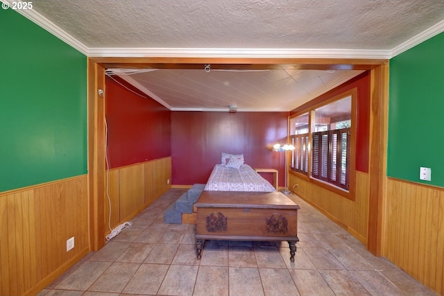 3162 Marine Dr, Astoria, OR 97103 - hall with wood walls, wainscoting, crown molding, and a textured ceiling