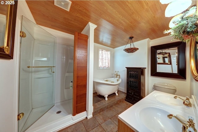 3162 Marine Dr, Astoria, OR 97103 - bathroom with wood ceiling, a freestanding bath, a stall shower, double vanity, and ornamental molding