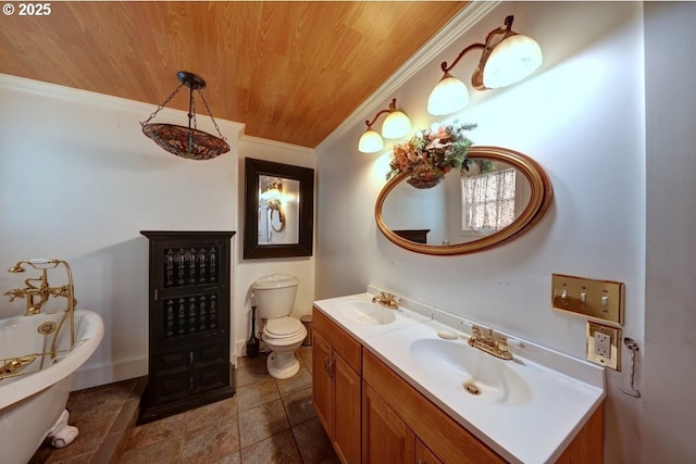 3162 Marine Dr, Astoria, OR 97103 - bathroom featuring ornamental molding, wood ceiling, a freestanding tub, double vanity, and tile patterned floors