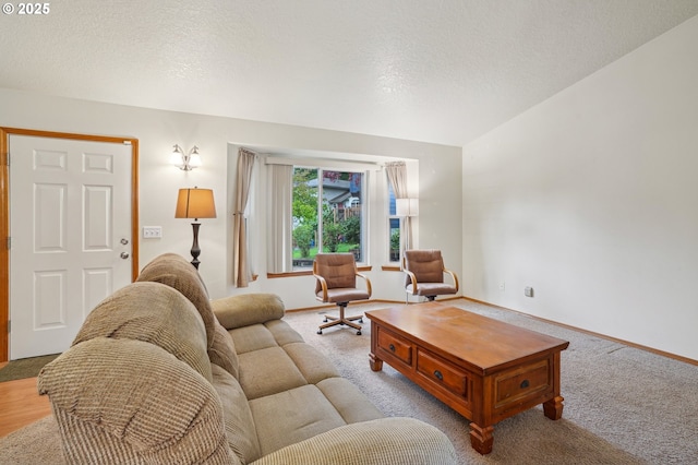 17701 Koch Ct, Sandy, OR 97055 - living area featuring carpet, a textured ceiling, baseboards, and lofted ceiling