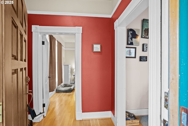 corridor with crown molding and light hardwood / wood-style flooring