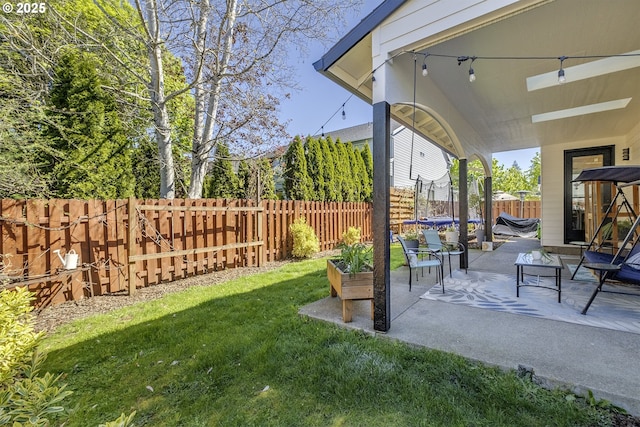 view of yard with a fenced backyard, a patio area, and a trampoline