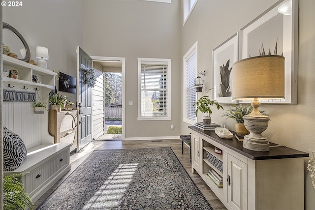 mudroom featuring baseboards, a towering ceiling, and dark wood-type flooring