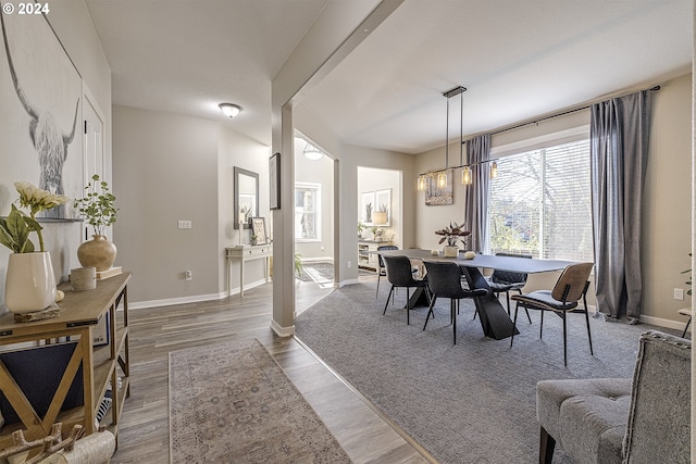dining space featuring baseboards and wood finished floors
