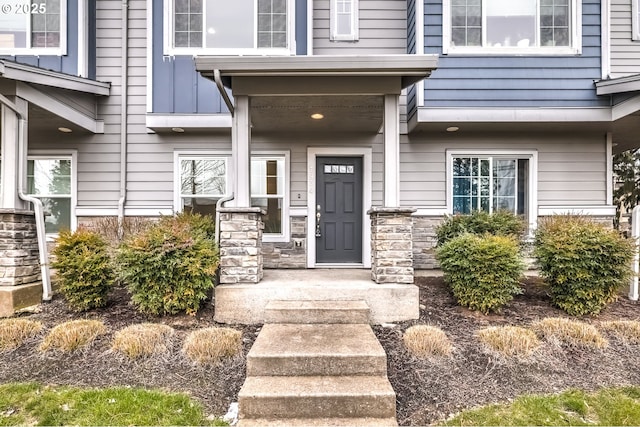 property entrance with stone siding