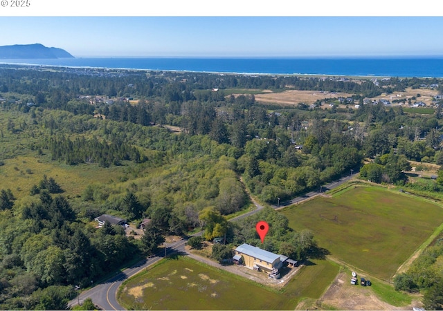 birds eye view of property with a water view and a wooded view