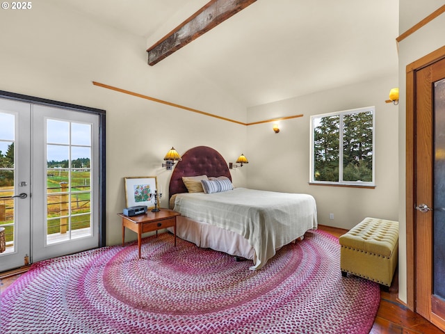 bedroom featuring access to outside, french doors, vaulted ceiling with beams, and wood finished floors