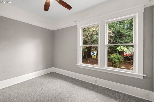 empty room featuring ceiling fan, carpet, and a wealth of natural light