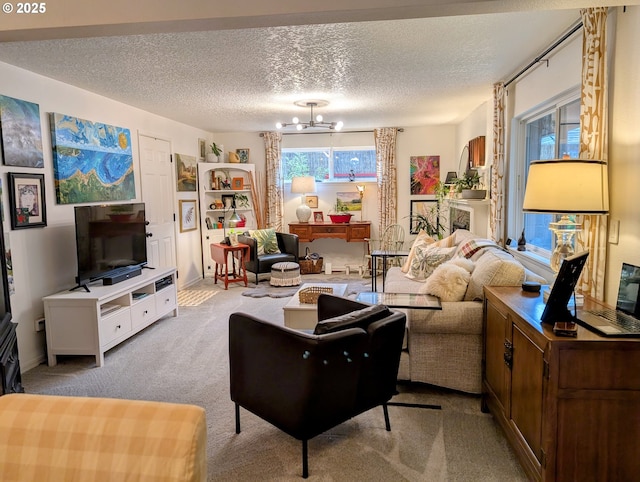 695 NW Towle Ave, Gresham, OR 97030 - carpeted living room with a chandelier and a textured ceiling