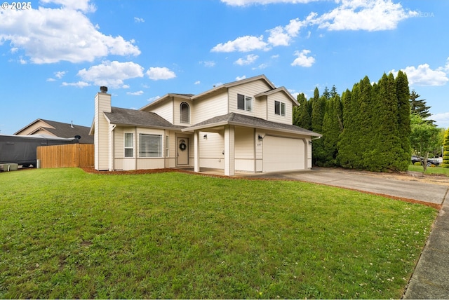 traditional-style home with an attached garage, driveway, and a chimney