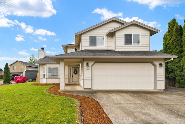 traditional home with a garage, concrete driveway, a front yard, and a chimney