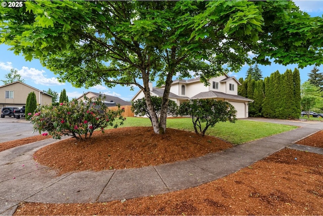 view of property hidden behind natural elements featuring driveway, a garage, and a front lawn