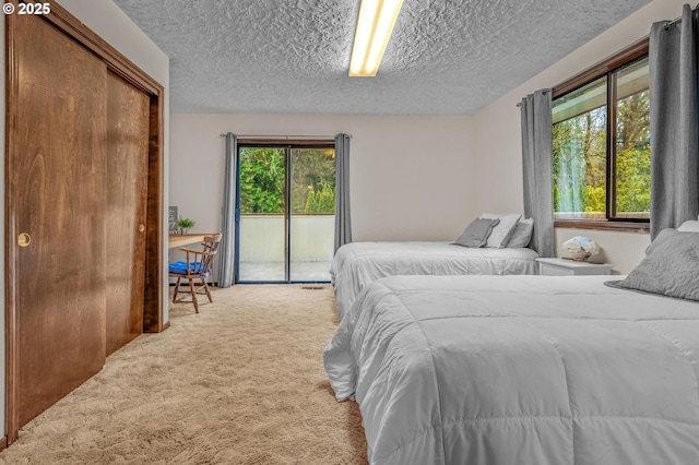 bedroom featuring carpet floors, access to outside, and a textured ceiling