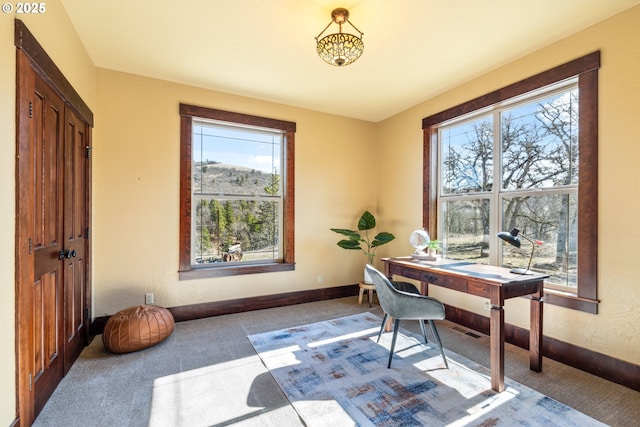 office area with carpet floors, visible vents, and baseboards