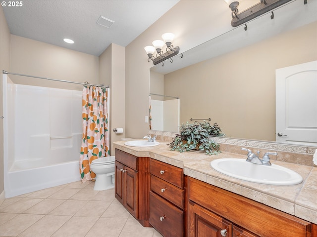 1303 NE 147th Ave, Vancouver, WA 98684 - full bathroom with tile patterned flooring, toilet, double vanity, and shower / bath combination with curtain