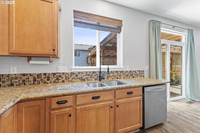 12800 Joys Dr, Oregon City, OR 97045 - kitchen with stainless steel dishwasher, a sink, decorative backsplash, and light wood-style floors
