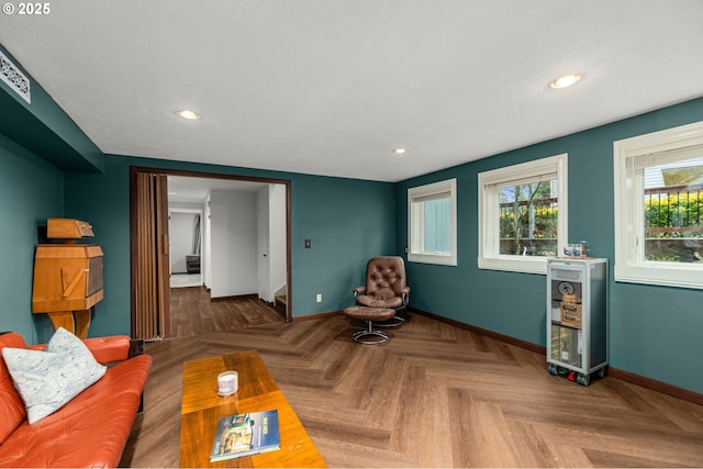 living room with parquet floors