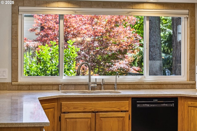 kitchen featuring a sink, light countertops, and black dishwasher