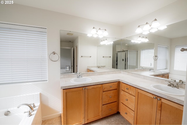 bathroom with a sink, a shower stall, and double vanity