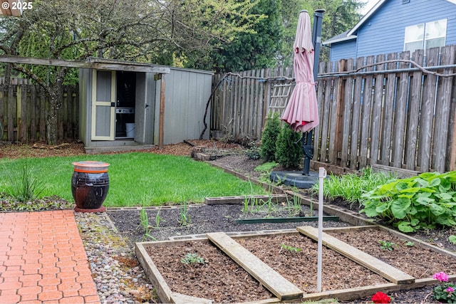 view of yard with a storage shed, an outbuilding, a vegetable garden, and a fenced backyard