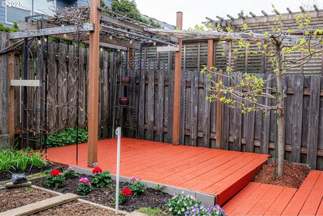 deck with a fenced backyard and a pergola