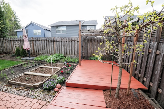 wooden deck with a fenced backyard and a garden