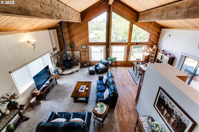 2407 Hawkins Ln, Eugene, OR 97405 - living room with wood ceiling, a wood stove, wood walls, and wood finished floors