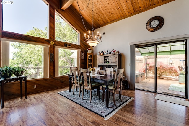 2407 Hawkins Ln, Eugene, OR 97405 - dining area featuring high vaulted ceiling, a chandelier, a wood ceiling with exposed beams, healthy amount of natural light, and hardwood / wood-style floors