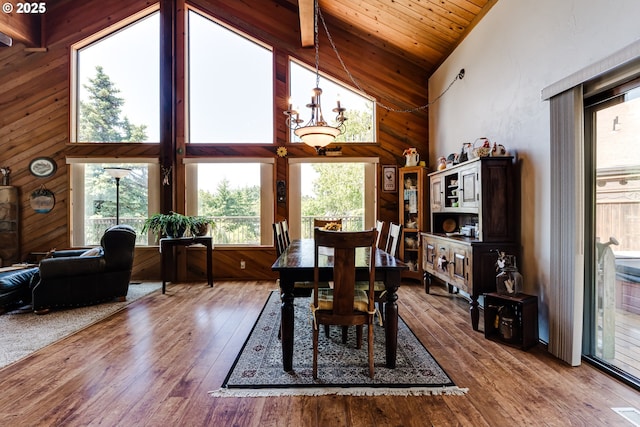 2407 Hawkins Ln, Eugene, OR 97405 - dining room with high vaulted ceiling, wooden walls, healthy amount of natural light, wood-type flooring, and a chandelier