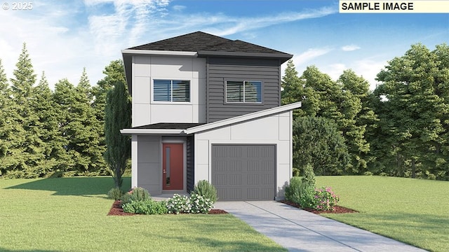 contemporary house with concrete driveway, an attached garage, a shingled roof, and a front yard
