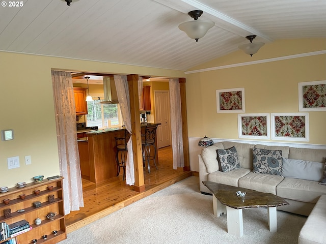 living room featuring wood ceiling, vaulted ceiling with beams, and light colored carpet