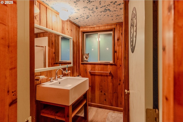 177 Northwoods, Cougar, WA 98616 - bathroom featuring vanity, wood finished floors, and wooden walls
