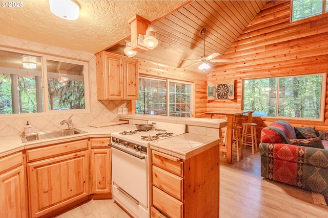 177 Northwoods, Cougar, WA 98616 - kitchen featuring gas range gas stove, healthy amount of natural light, rustic walls, a peninsula, and tile counters