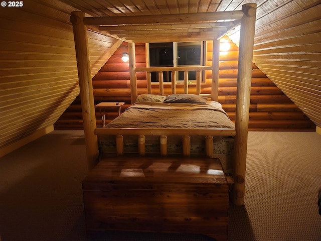 177 Northwoods, Cougar, WA 98616 - carpeted bedroom featuring log walls and wooden ceiling
