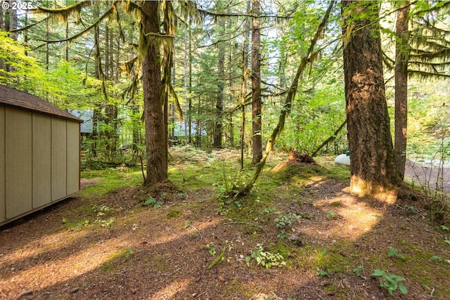 177 Northwoods, Cougar, WA 98616 - view of yard with an outdoor structure, a storage shed, and a view of trees