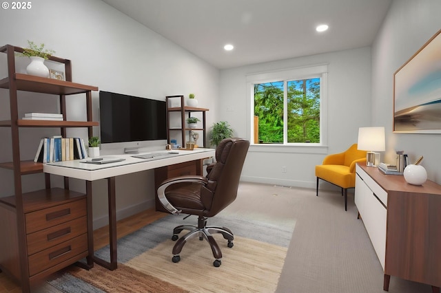 home office featuring recessed lighting and baseboards