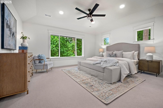 carpeted bedroom featuring recessed lighting, ceiling fan, and baseboards