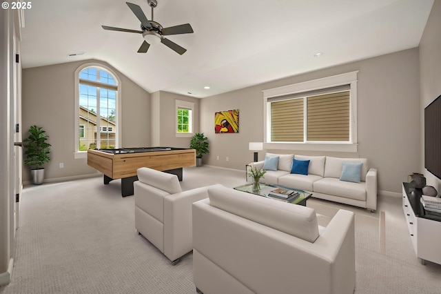 playroom with vaulted ceiling, light colored carpet, baseboards, and billiards
