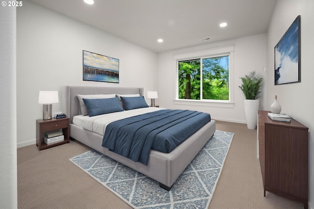 bedroom with carpet flooring, recessed lighting, and baseboards