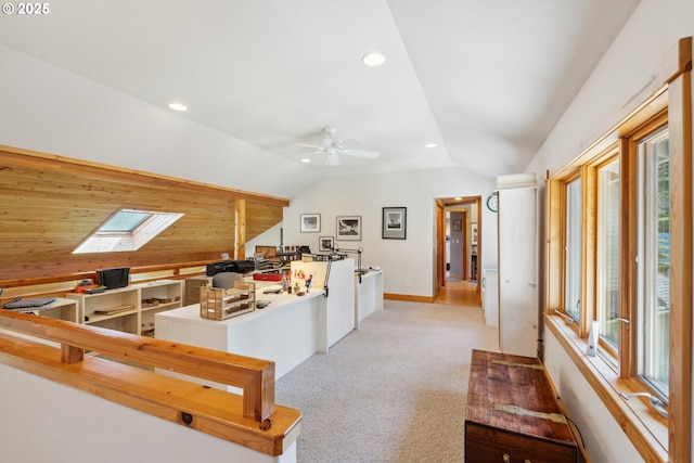 165 Stadelman Dr, Trout Lake, WA 98650 - living area with vaulted ceiling, recessed lighting, light colored carpet, a ceiling fan, and a skylight