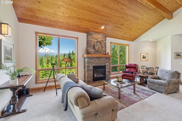 165 Stadelman Dr, Trout Lake, WA 98650 - carpeted living room with a fireplace, wooden ceiling, and a mountain view