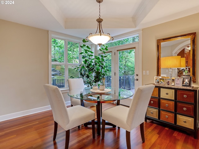 dining room featuring crown molding, a raised ceiling, and dark wood-type flooring