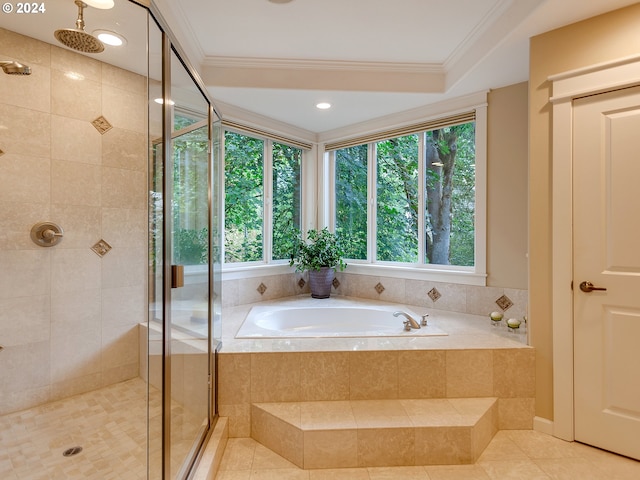 bathroom with tile patterned floors, plus walk in shower, and ornamental molding